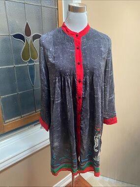 Gray Silk Tunic Dress with Red Trim and Elephant design